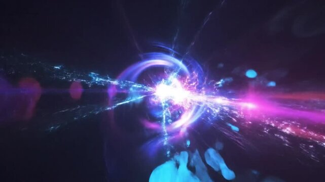 Abstract futuristic digital art of a bright cosmic energy burst creating a colorful light effect against a dark background.