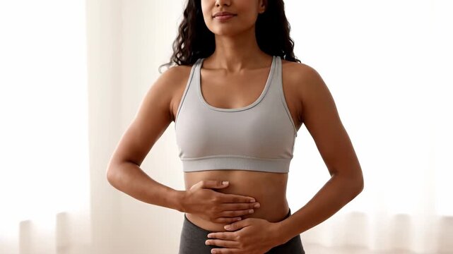 Young indian woman feeling stomach pain from bloating and finding relief. Before and after sequence for digestive health, gut wellness, and probiotic supplement benefits