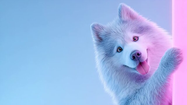 Playful fluffy white Samoyed dog peeking from neon pink wall tongue out studio shot 60 FPS