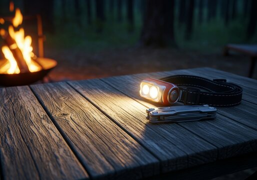Essential camping gear: a headlamp and multi-tool illuminated by a cozy campfire glow on a rustic wooden table at a forest campsite, exploration, night, essential