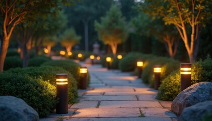 Obraz premium Garden pathway lit by modern bollard lamps at dusk. Stone path curves through manicured shrubs and trees, creating ambient evening illumination. Outdoor lights guide walkway.