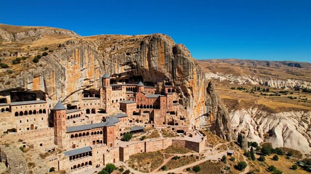 Aerial view of Selime Monastery, a historical rock-cut structure in Cappadocia, Turkey, under a clear blue sky