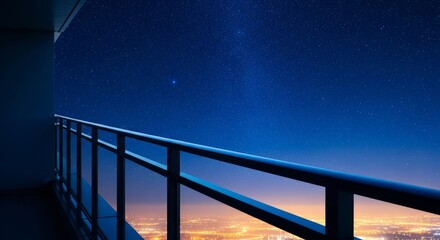 Fototapeta premium A high-angle view of a balcony railing overlooking a deep blue night sky filled with glowing stars and distant urban lights at late hours, late, quiet, meditation