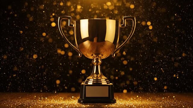 Golden trophy award on a wooden table with sparkling glitter falling in a sequence. Celebrating a championship victory and success in a competition with a first place prize