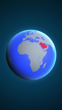 The animation shows a graphic representation of the earth and highlights the location and map of Saudi Arabia colored red in vertical format.