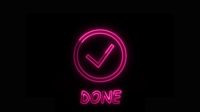 Glowing neon pink checkmark in a circle animation with 'DONE' text on a black background, confirmation, success, task completion, or approval concept
