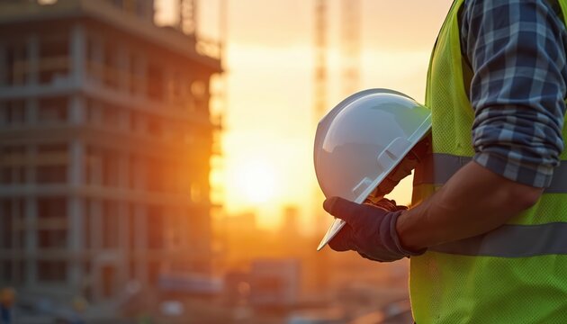 Construction worker holds hard hat at building site during sunset. Man wears safety vest, ready for work. Busy industrial area, golden hour light.