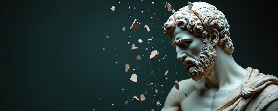 Fragmenting marble bust of ancient Greek man floats in air. Small stone pieces break away from sculpture head. Dark background highlights classical art disintegration, representing mental decay.