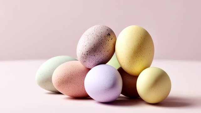 Pastel speckled Easter eggs gently shifting in studio still life on pink background 60 FPS