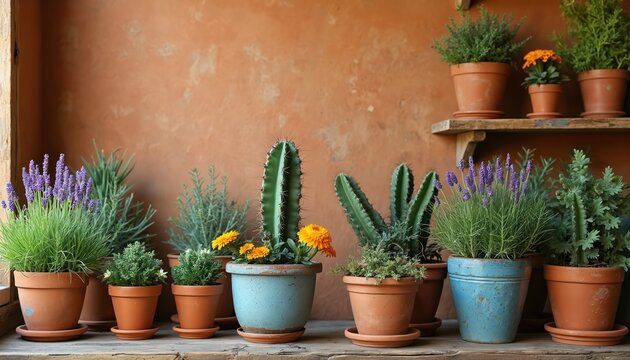 Various potted plants including cacti lavender and small herbs arranged on a wooden shelf against an orange wall. Green plants and blooms add life to home patio decor.