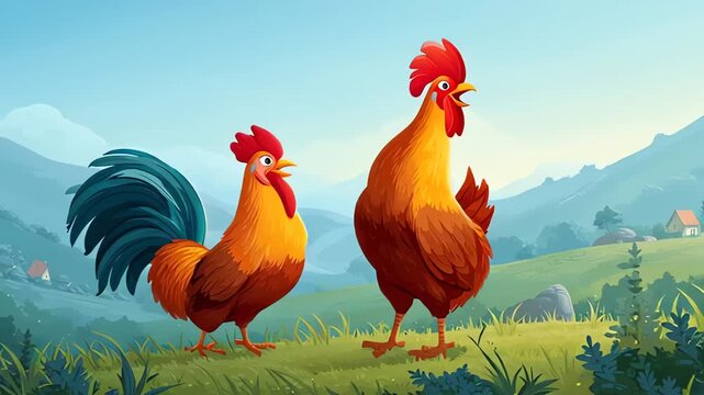 Two Cartoon Roosters Crowing in a Scenic Valley Landscape