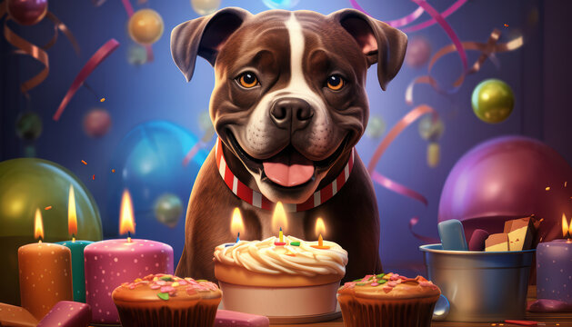 Perro dom&eacute;stico feliz sonriente en celebraci&oacute;n &iacute;ntima con pastel, globos y confeti y velas en ambiente festivo. Humanizaci&oacute;n de mascotas, momento especial en casa, v&iacute;nculo emocional humano animal.