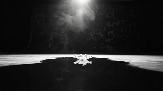 Black and White Serene Scene of a White Flower Floating on Water with Dramatic Lighting