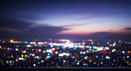 Fototapeta premium View from a high balcony at night overlooking a vast urban landscape filled with glowing bokeh lights under a dark and moody evening sky, panorama, skyscrapers, high-rise