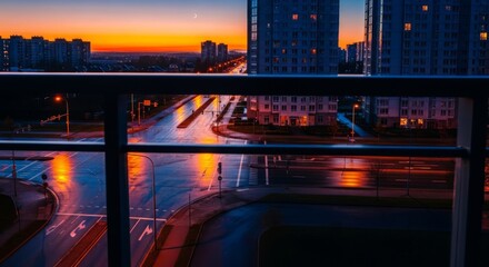 Obraz premium View from a metal balcony railing looking down at an intersection of deserted asphalt roads between tall, quiet city apartment buildings, atmospheric, railing, landscape