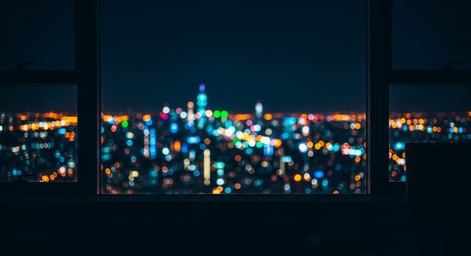 View from a dark office window overlooking a glowing city skyline at night, capturing the quiet mood of professional stress and exhaustion, silence, insomnia, glass