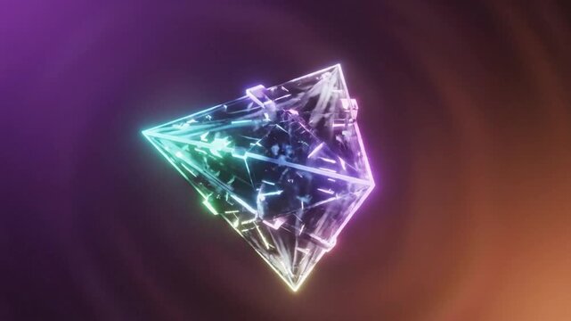 Abstract futuristic neon geometric shape rotating and transforming with glitch effect against dark backdrop