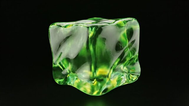 Abstract translucent green glass cube slowly rotating on a black background, 3D render