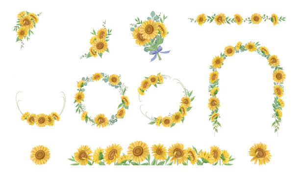 Watercolor sunflower floral bundle set with bouquets, wreaths, borders, and corner frames for summer wedding-300dpi-