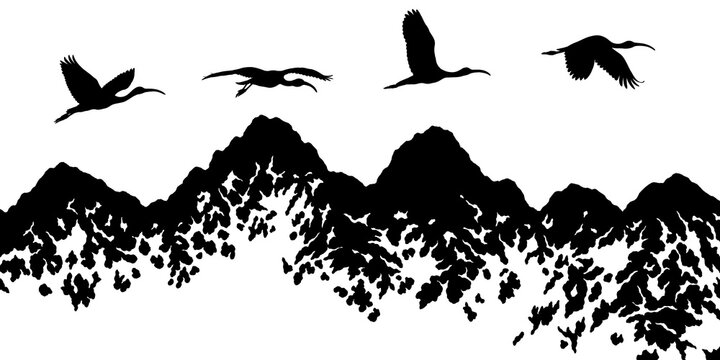 Ibises flying over snow-covered mountains isolated on a transparent background