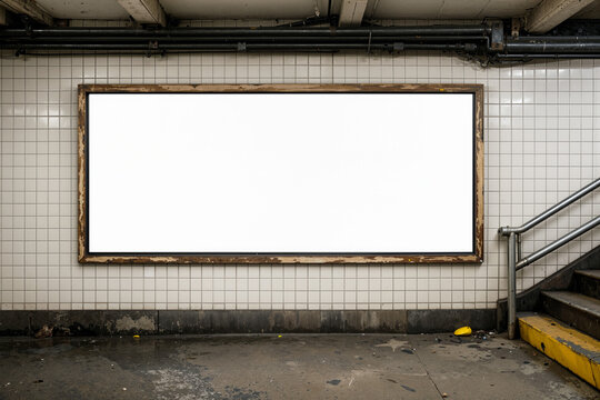 blank billboard mockup on dirty tiled wall in new york subway station next to stairs grimy underground scene with copyspace empty banner concept of advertising marketing media