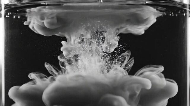 Black and white abstract explosion of white ink in water creates cloudlike structures with fine particulate matter