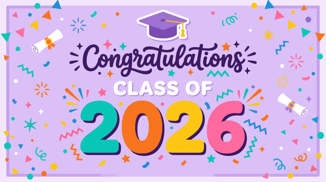 Celebratory graduation announcement with colorful confetti and a purple cap for the class of 2026