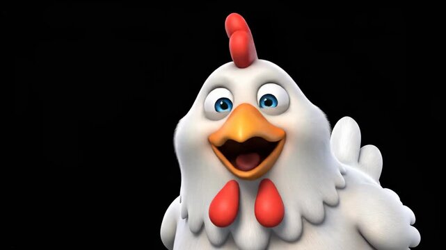 Funny 3D Cartoon Chicken with white feathers and red comb on black background ideal for children's content and farm-themed animations.