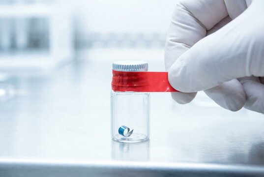 Gloved hand sealing a small glass evidence vial with red tamper evident tape in a lab