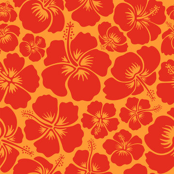 Seamless tropical hibiscus floral pattern in bright summer colors. Simple flat vector design with bold flower silhouettes, for summer textile, fabric, wallpaper, wrapping paper and packaging design.