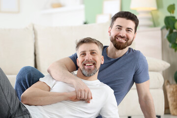 Obraz premium Happy gay couple together on sofa at home