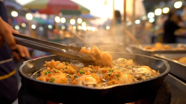 Chef using tongs to flip fried oysters in a bubbling pan at a vibrant outdoor street food market stall