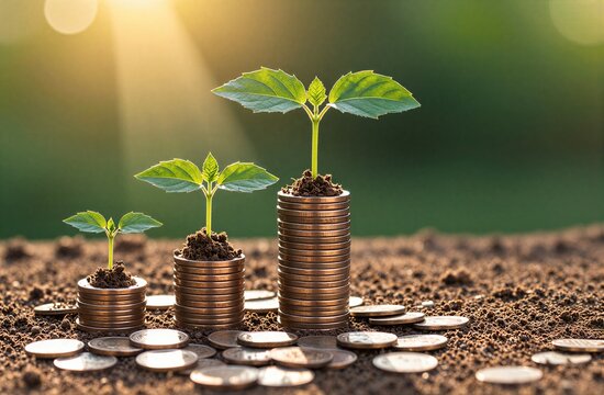 Growing plants on coin stacks symbolize financial growth and