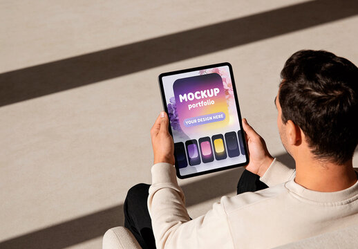 Tablet Hands Sunlight Floor Mockup
