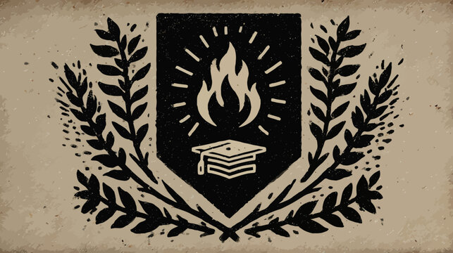A vintage crest featuring a burning flame above a graduation cap surrounded by laurel leaves