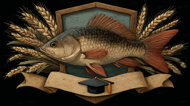 Digital image of a carp fish, wheat, framed, ribbon, graduation cap. Detailed art on black