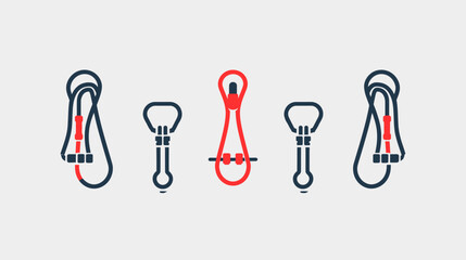 Climbing gear vector illustration, carabiners and ropes, in red and dark blue