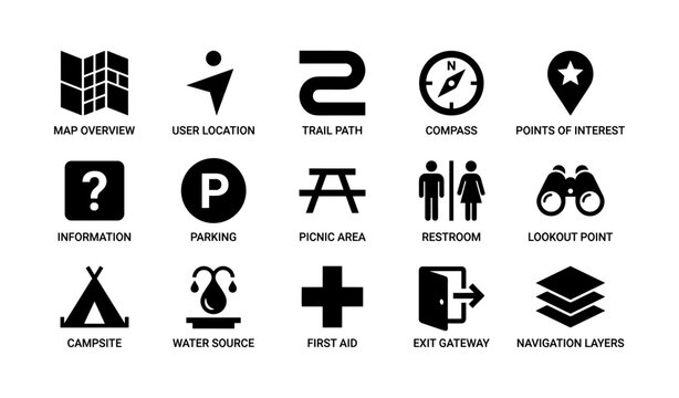 Outdoor navigation icons: maps, compass, parking, restroom, picnic, lookout