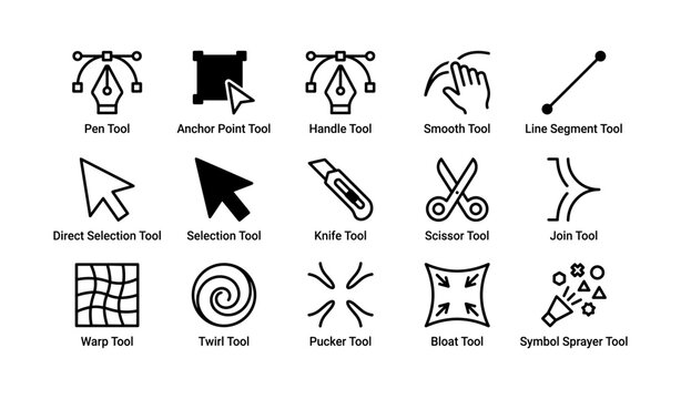 Icon set of graphic editing tools with pen, anchor, smooth, and selection tools