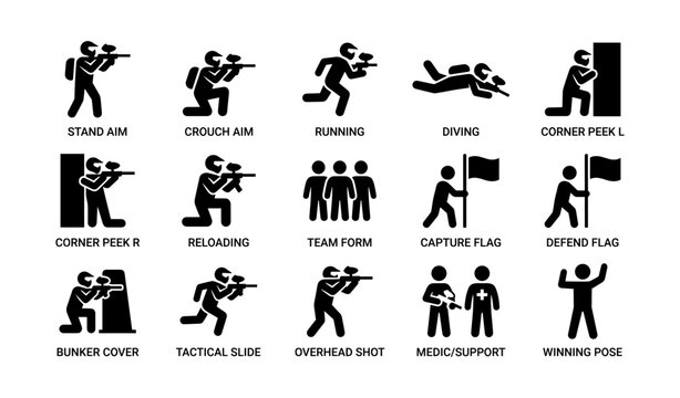 Tactical action silhouettes: shooting, team, and strategy icons
