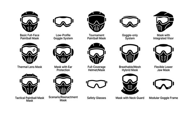 Variety of paintball and safety masks with goggles and features