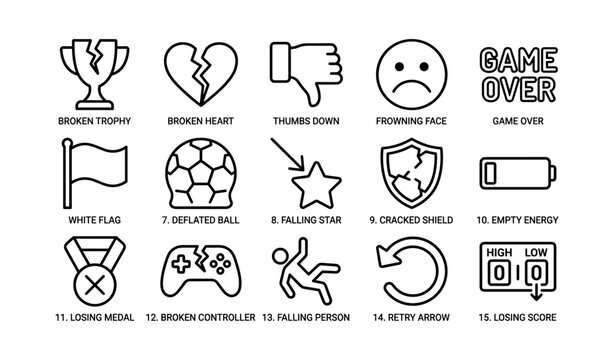 Icon set illustrating failure and negativity concepts