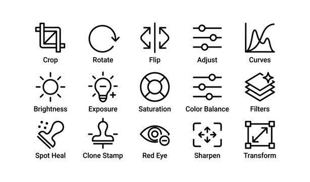 Set of photo editing icons: tools for crop, rotate, flip, adjust, and more