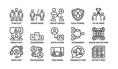 Fototapeta premium Gaming icons set featuring team play, versus mode, online multiplayer, voice chat, leaderboard