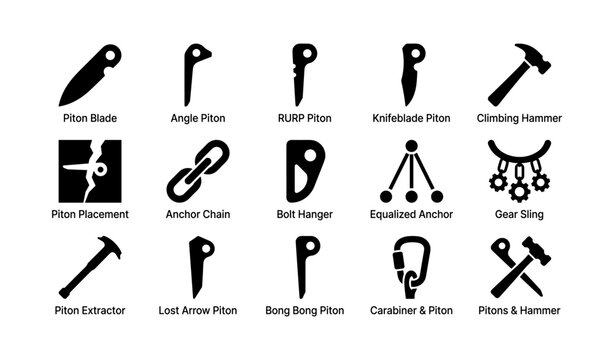 Rock climbing gear icons: pitons, anchors, and tools
