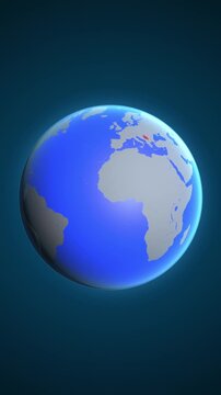 The animation shows a graphic representation of the earth and highlights the location and map of Serbia colored red in vertical format.