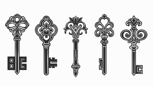 Five ornate vintage keys are arranged in a row in silhouette on a white background