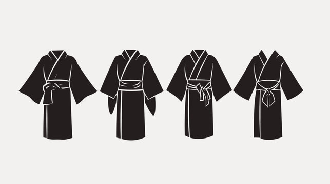 Four black kimonos with different belt styles against a white background