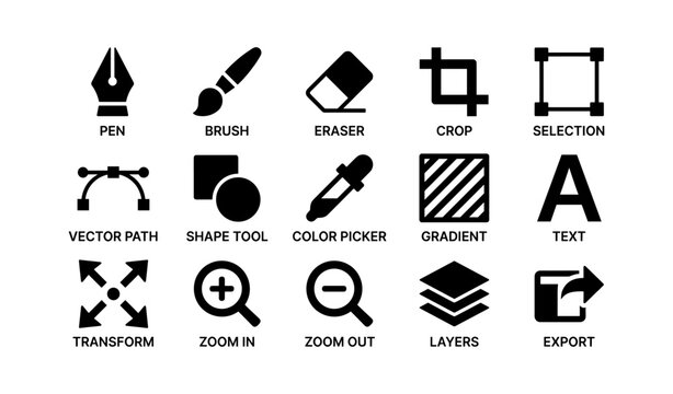 Icons for design tools: pen, brush, eraser, crop, selection, and more