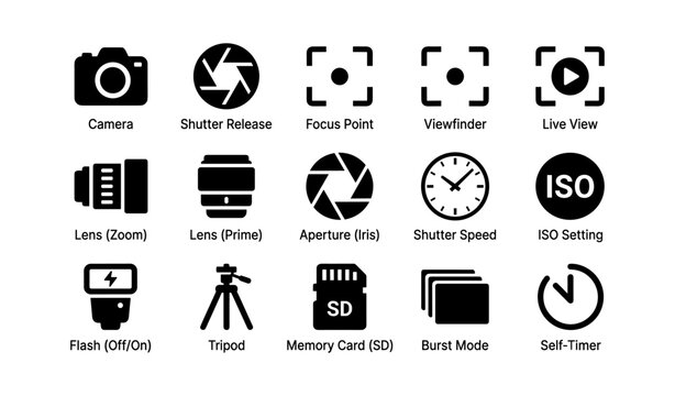 Photography icon set: camera, lens, tripod, flash, iso settings, shutter, aperture
